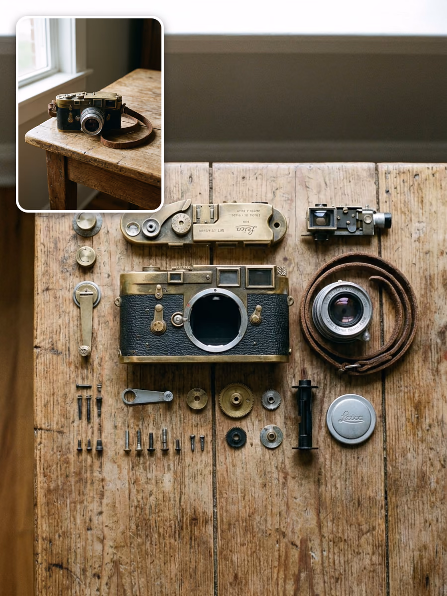 Prima e dopo: una macchina fotografica vintage trasformata in un ordinato layout knolling con le sue parti separate