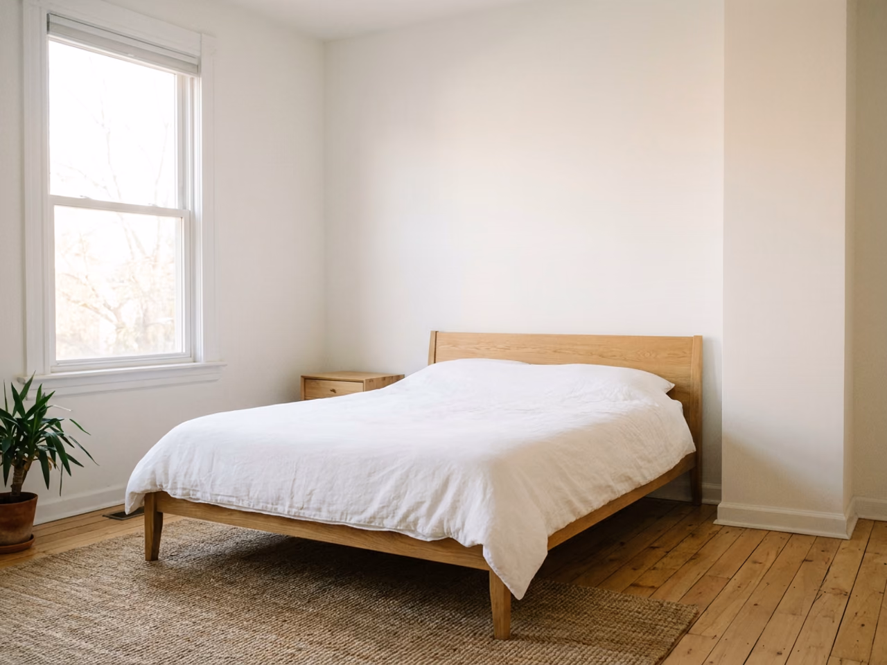 Prima: una semplice camera da letto scandinava bianca, con biancheria bianca e una parete spoglia