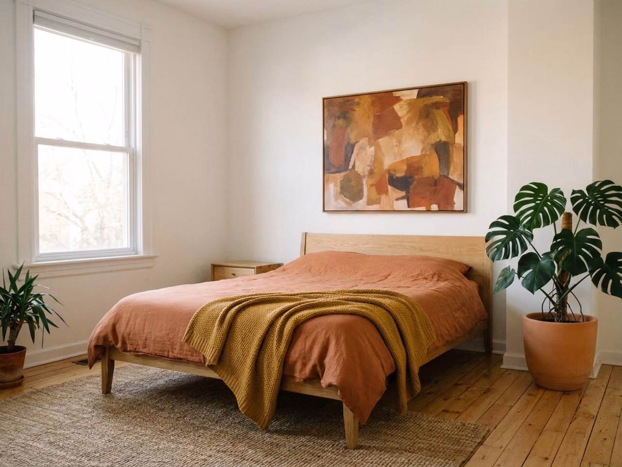 Dopo: la camera da letto rinnovata con biancheria color terracotta, un plaid color senape, un'opera d'arte astratta sulla parete e una monstera, a partire da un solo prompt testuale