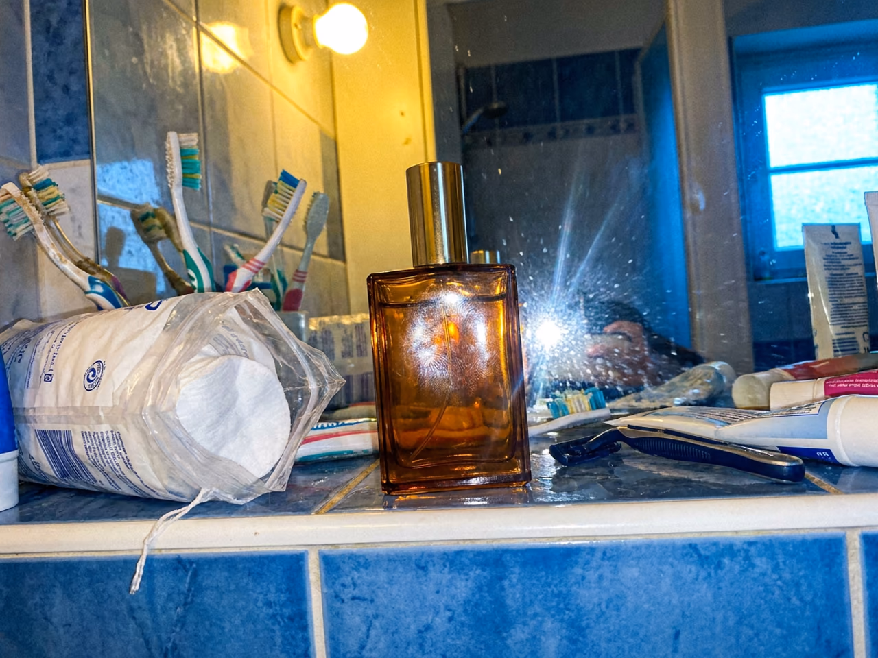 Prima: una bottiglia di profumo ambrato su uno scaffale del bagno pieno di oggetti, con il riflesso del flash