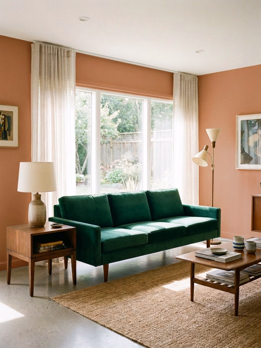 Dopo: il soggiorno con un divano in velluto color smeraldo e pareti color terracotta