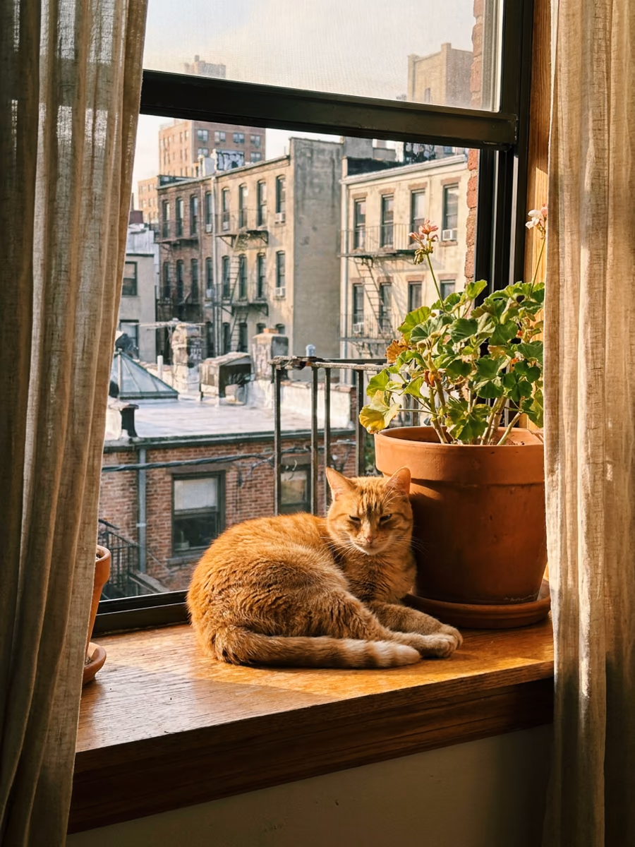 Prima: una foto di un gatto dal pelo fulvo su un davanzale soleggiato