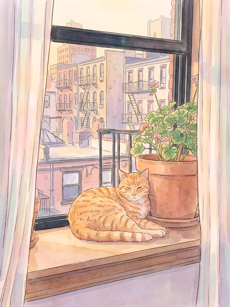 Dopo: la scena sul davanzale ridisegnata come un'illustrazione ad acquerello in stile anime