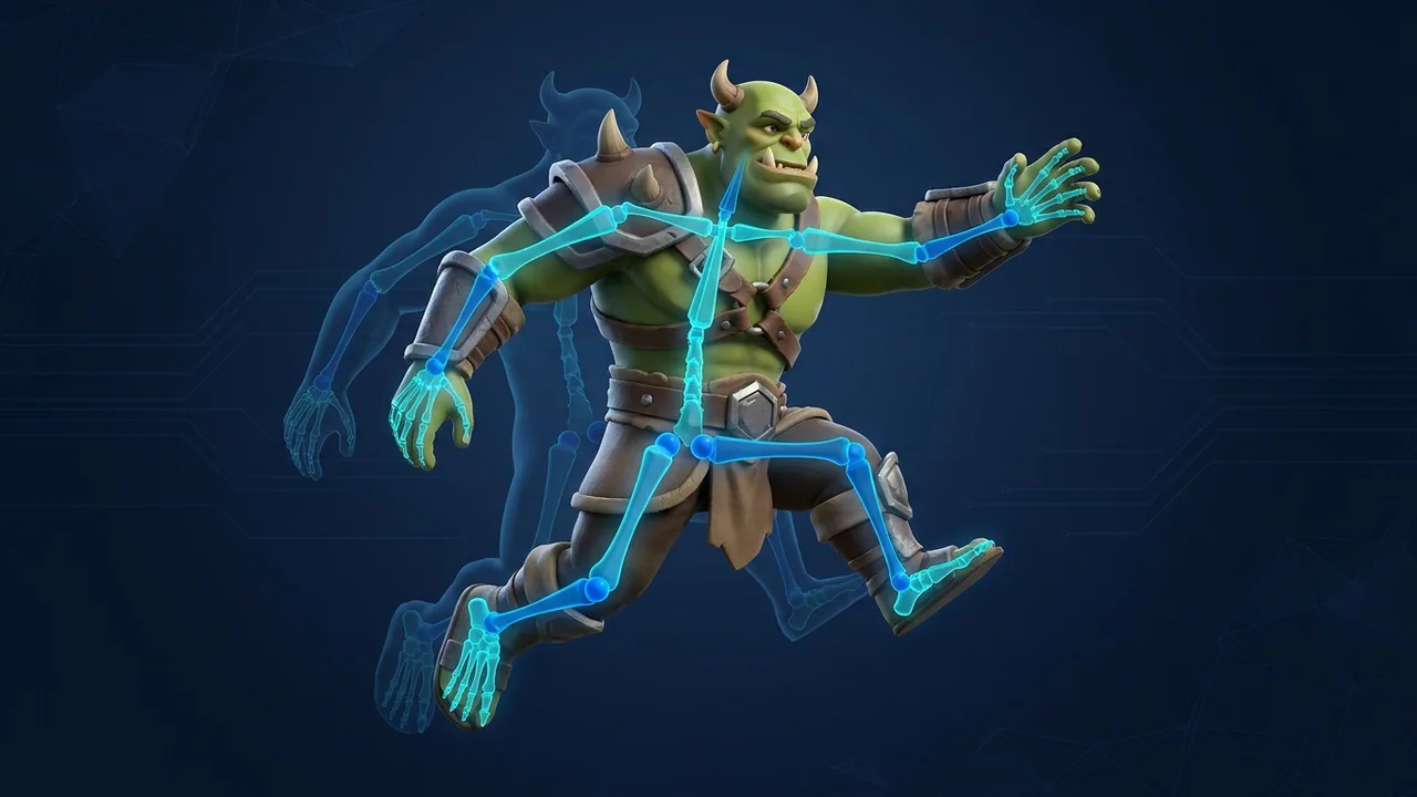 Humanoid 3D character with a skeleton rig overlay and an animation timeline