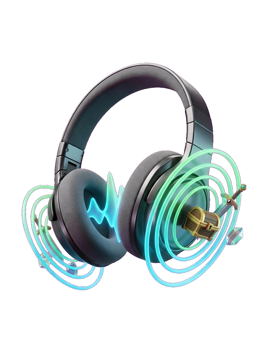 Headphones surrounded by glowing waveforms and game objects, representing AI-generated game audio