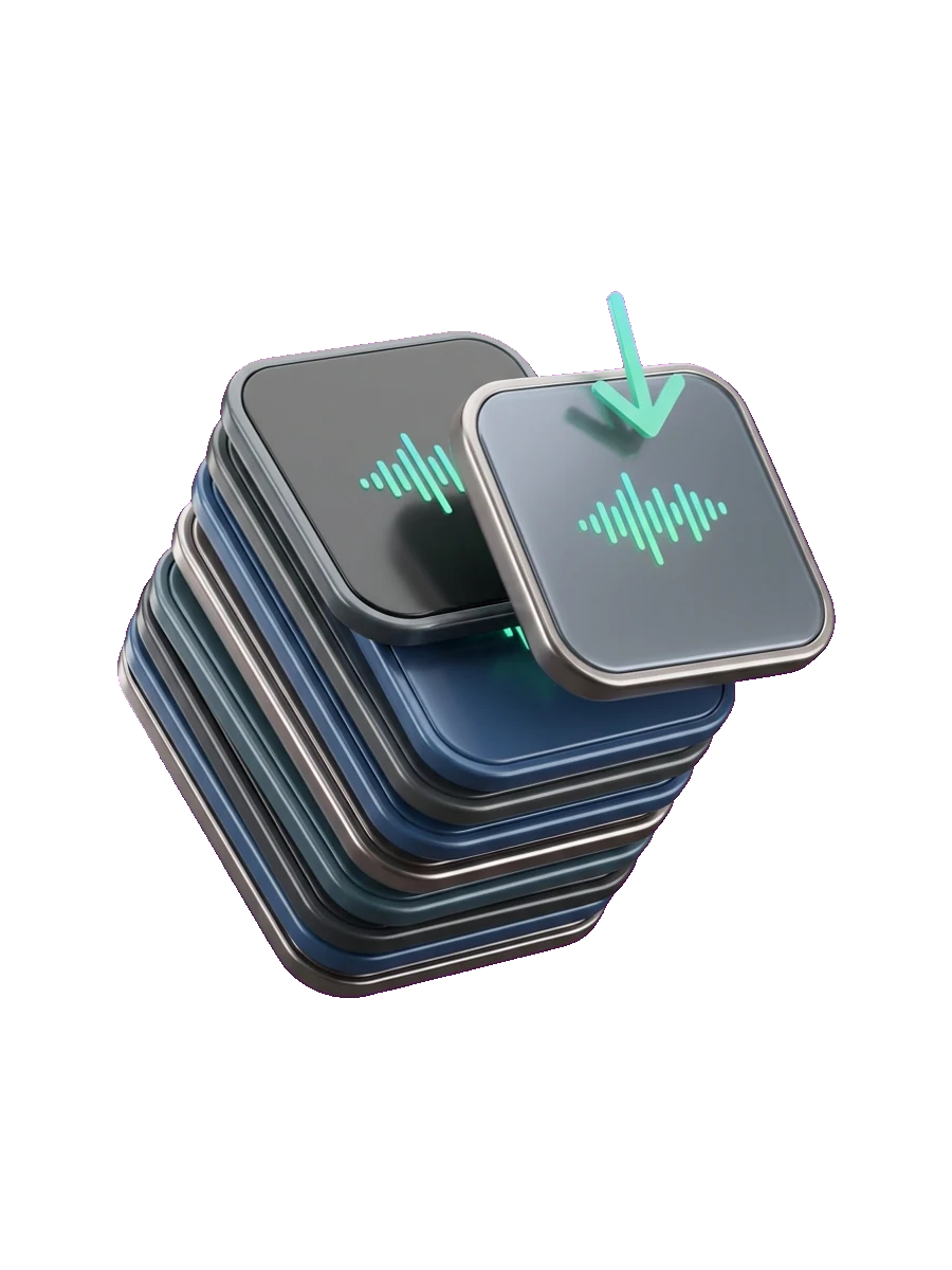 A stack of saved audio clips with a download arrow