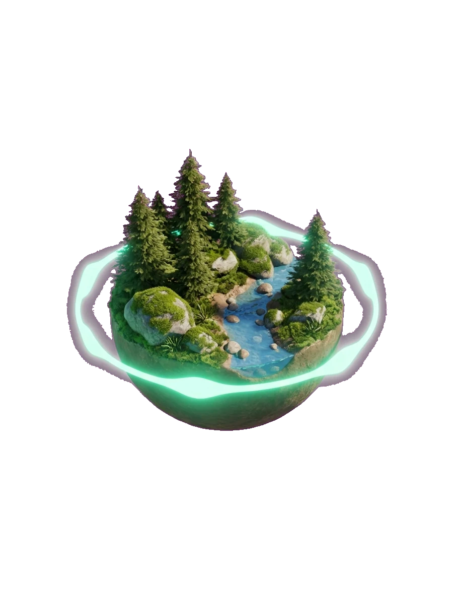 A forest diorama encircled by a looping waveform