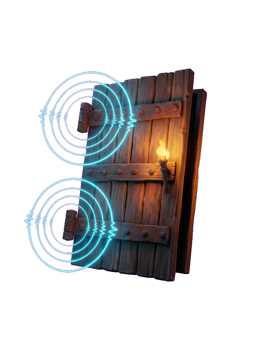 A wooden door creaking open with glowing sound waves
