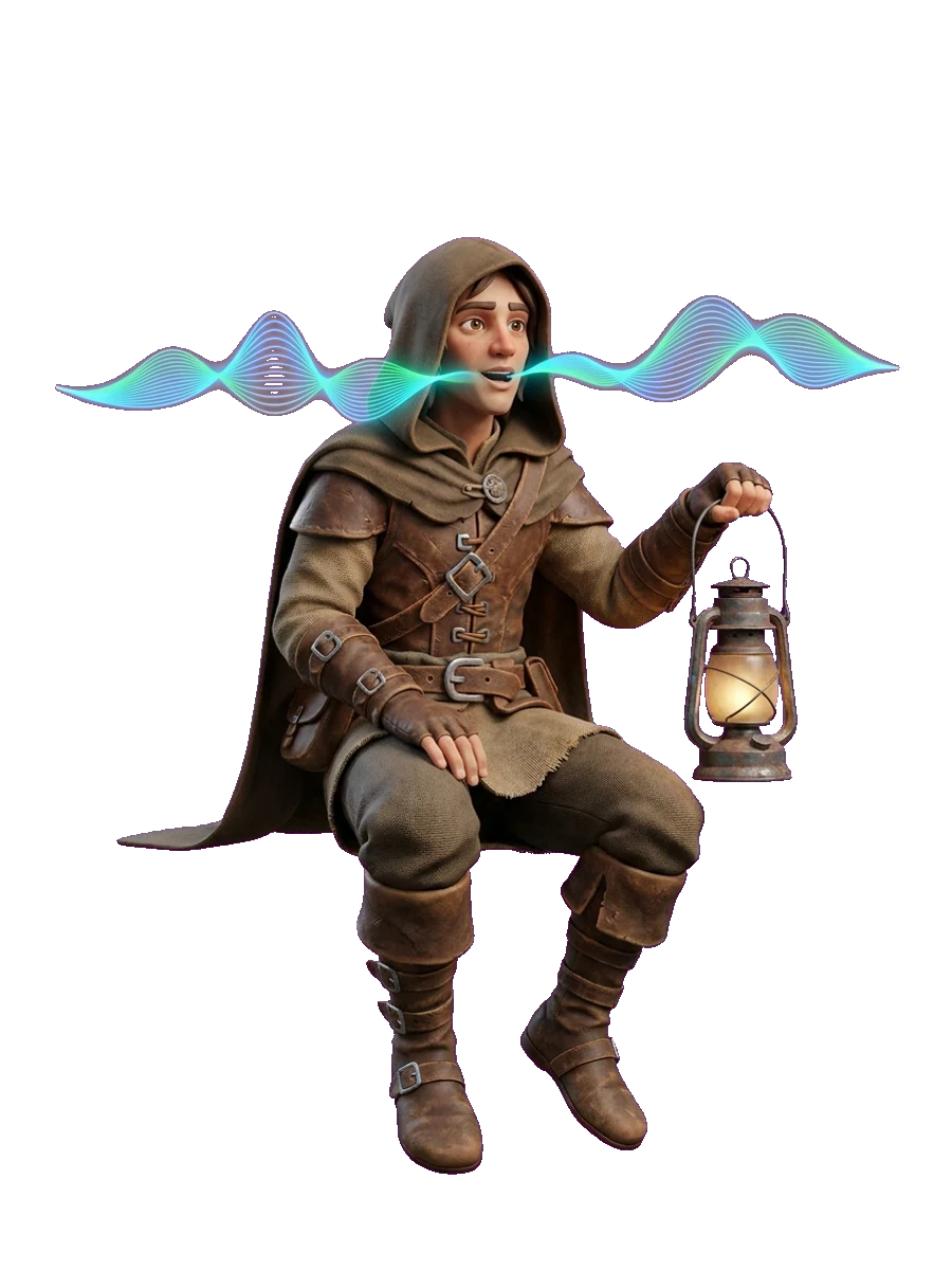 A hooded game character speaking with a glowing speech waveform