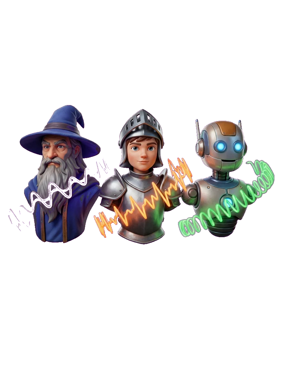 Three character busts, each with a different voice waveform