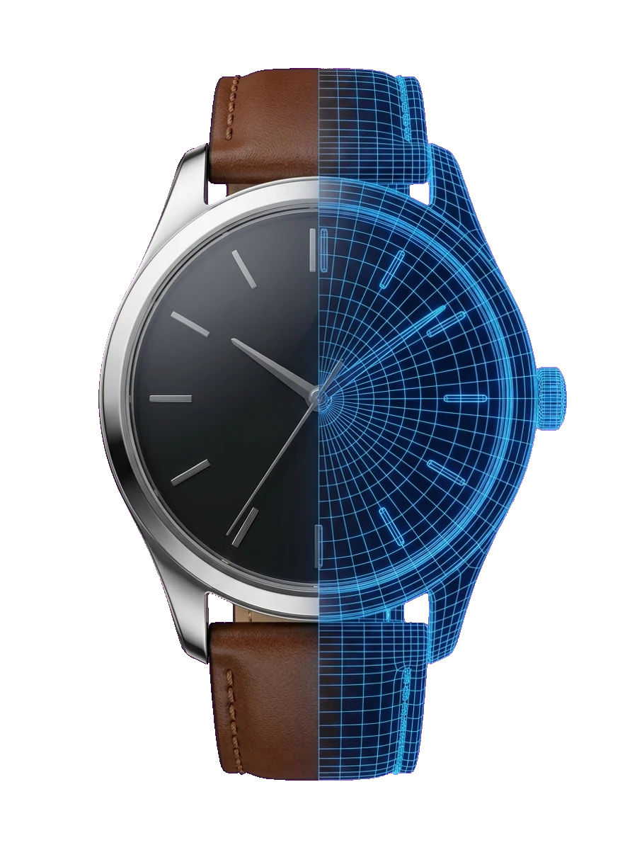 A product model shown half render, half clean wireframe topology