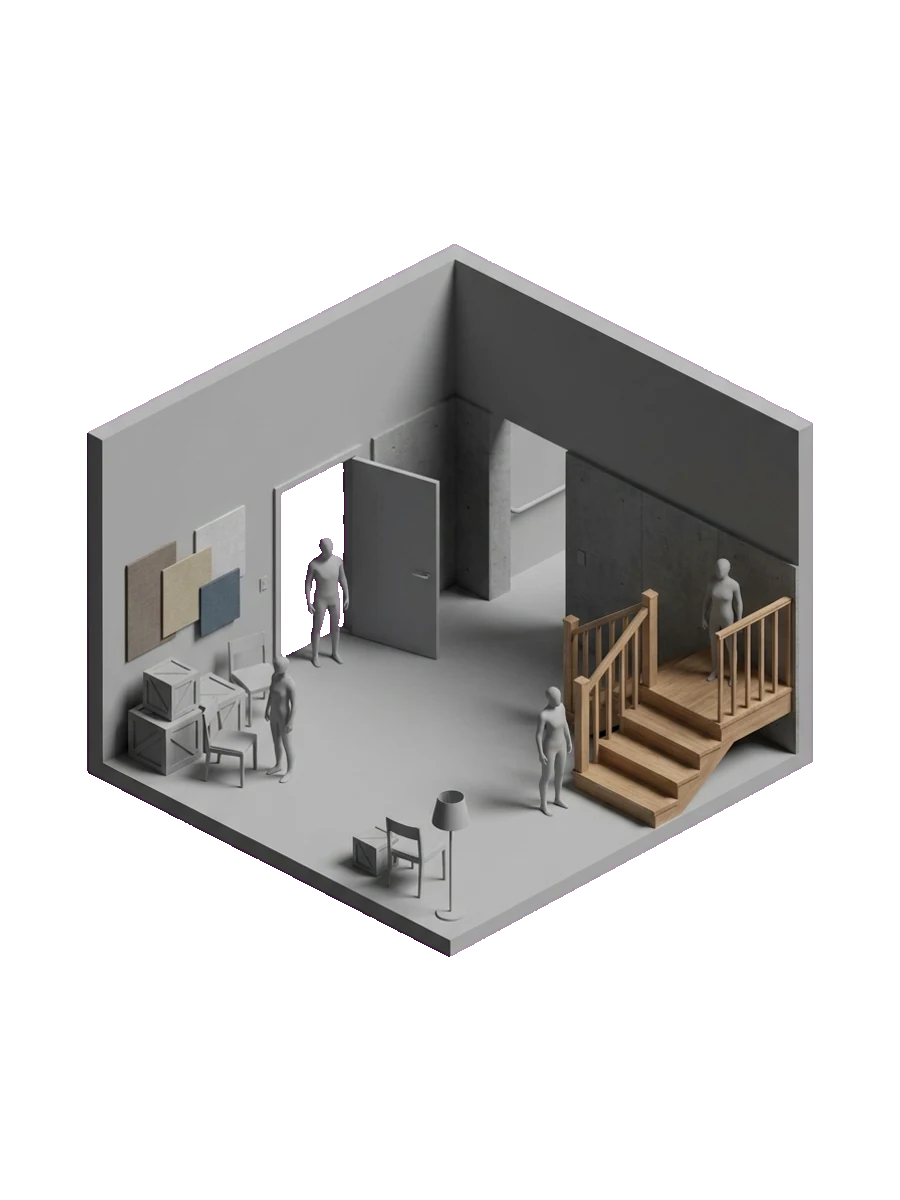 大まかにブロッキングされた3Dの映画セット環境