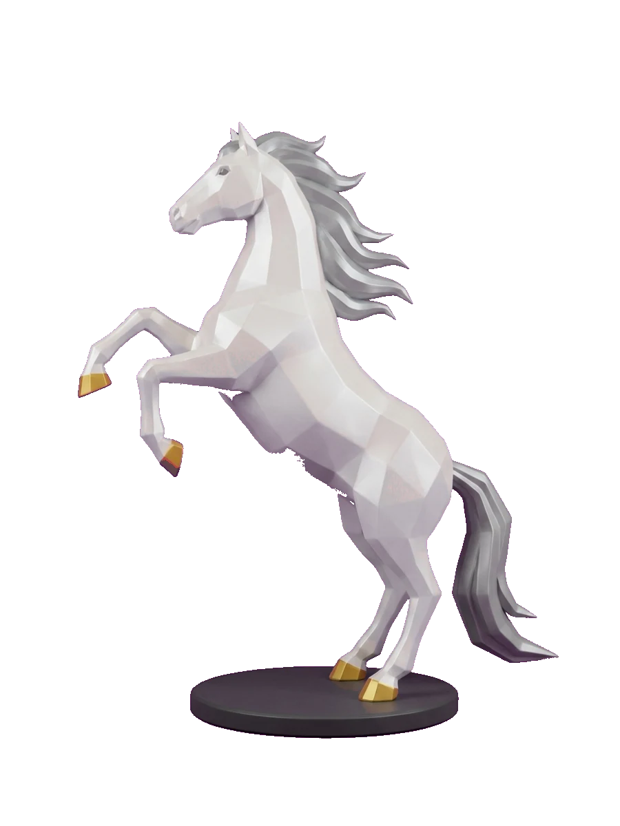 Colorful low-poly 3D-printed horse figurine on a display base
