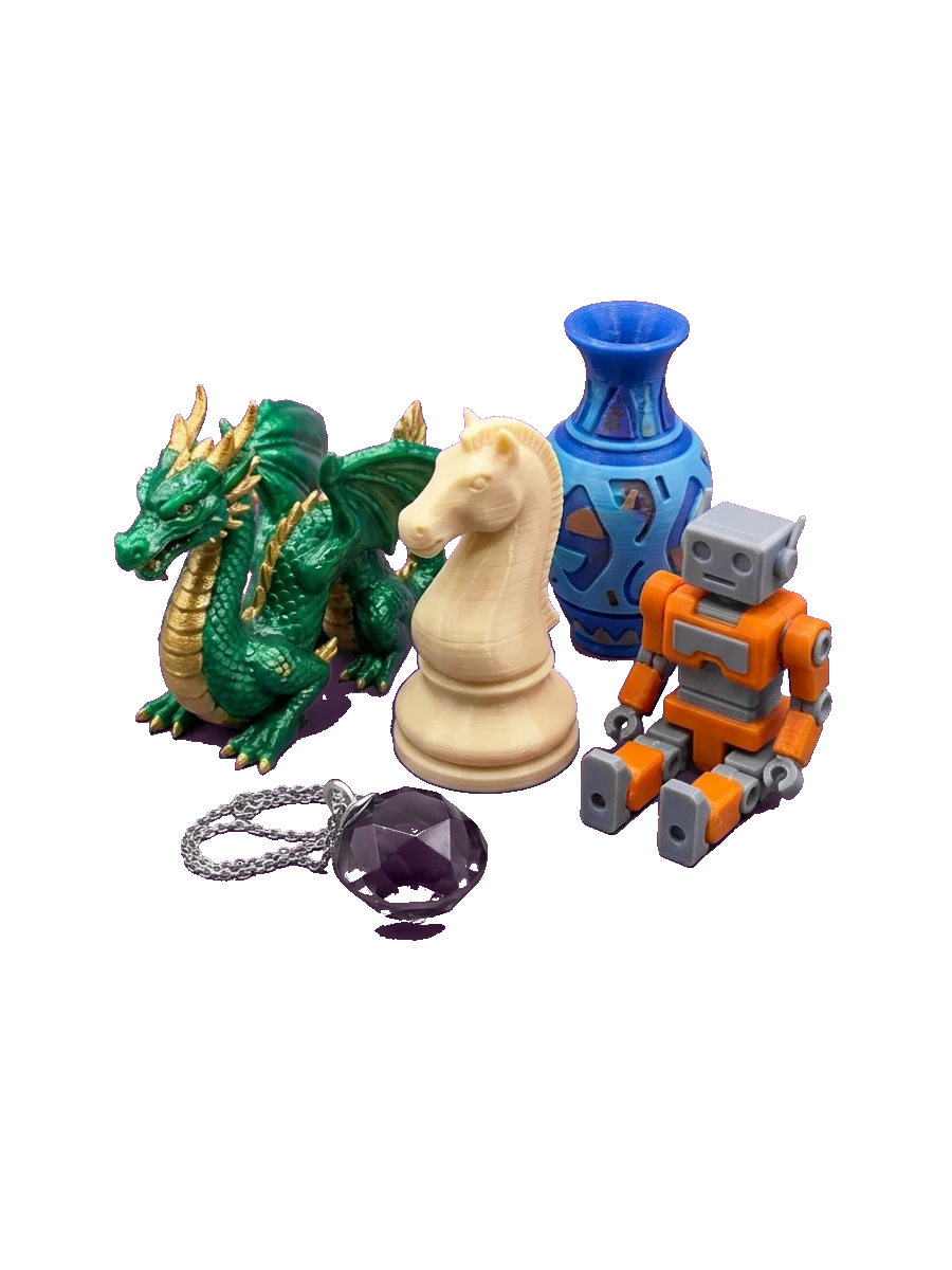 A collection of colorful 3D-printed figurines and collectibles