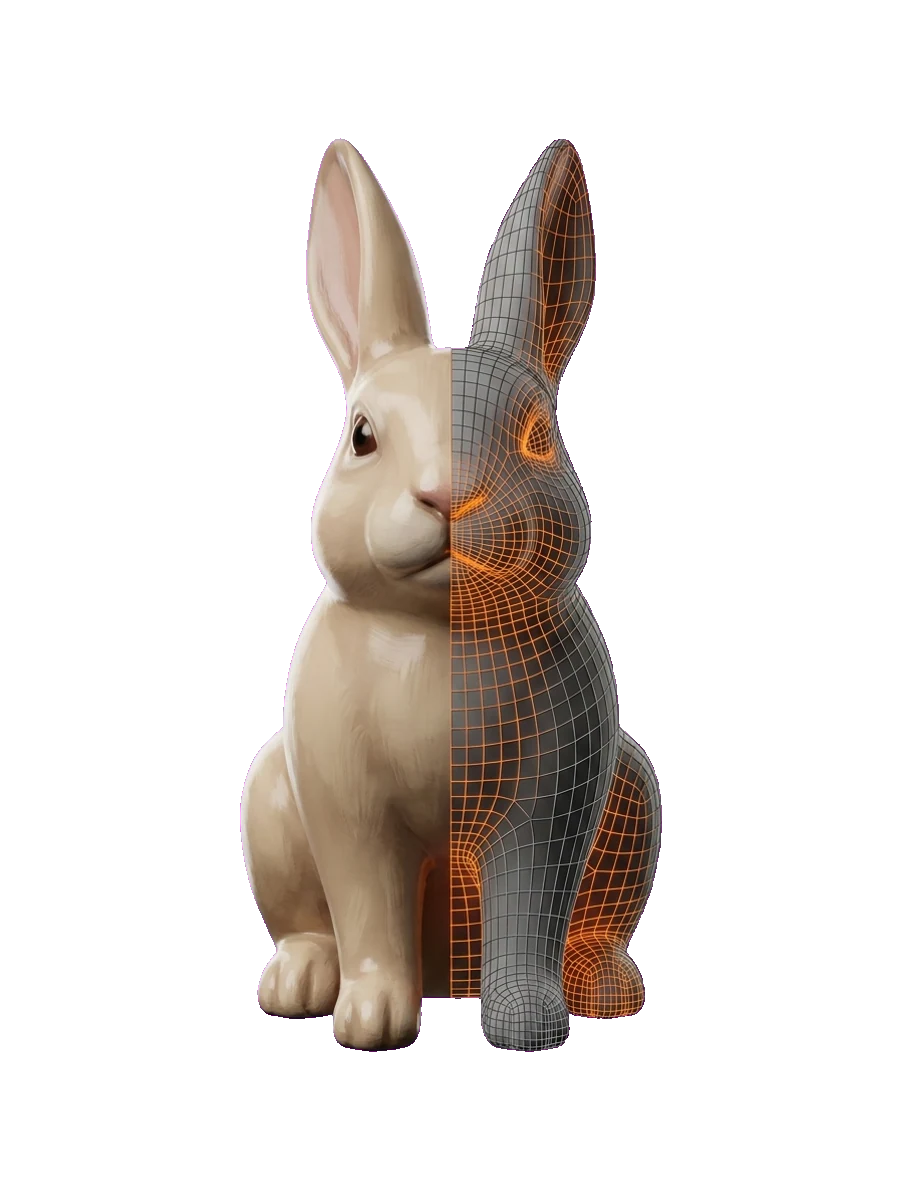 A figurine shown half solid, half watertight wireframe