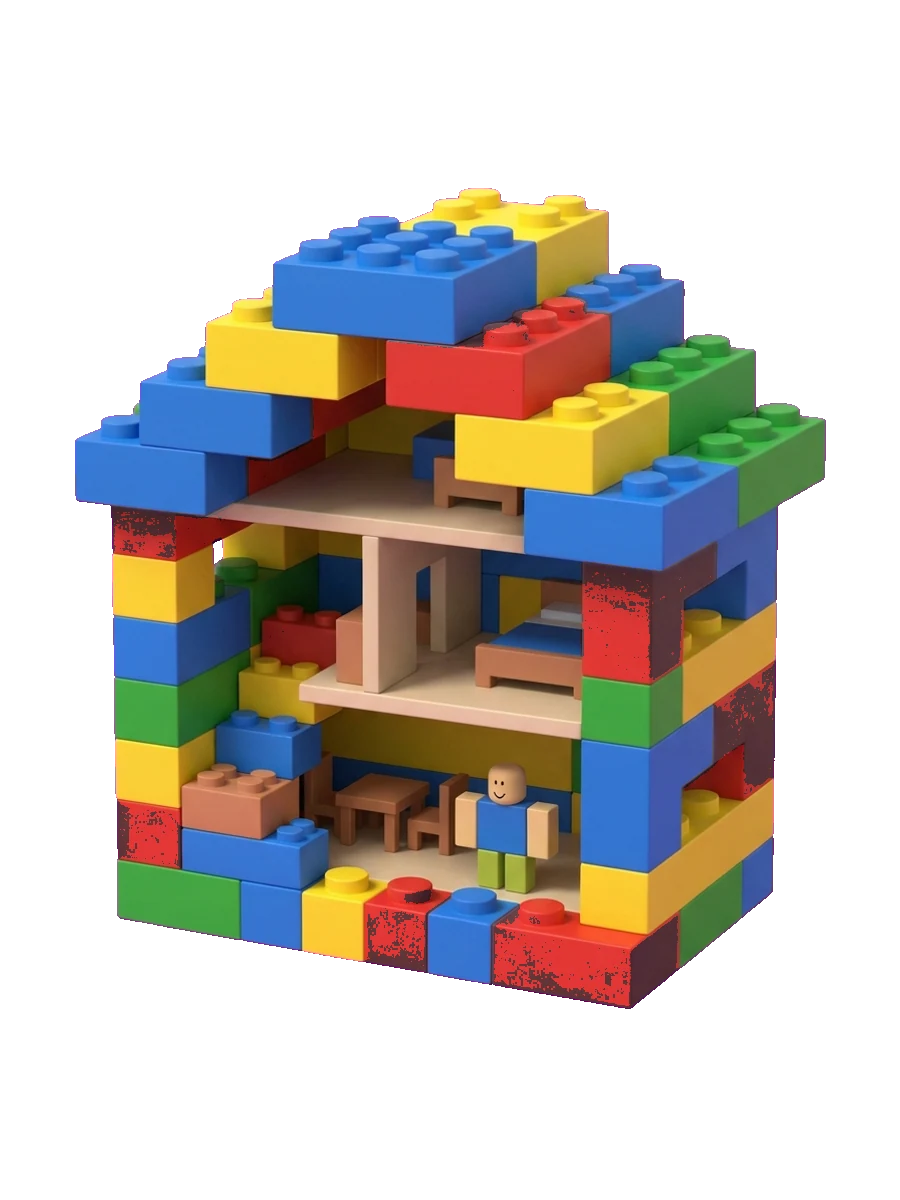 Un edificio estilo Roblox con forma de bloques con habitaciones interiores