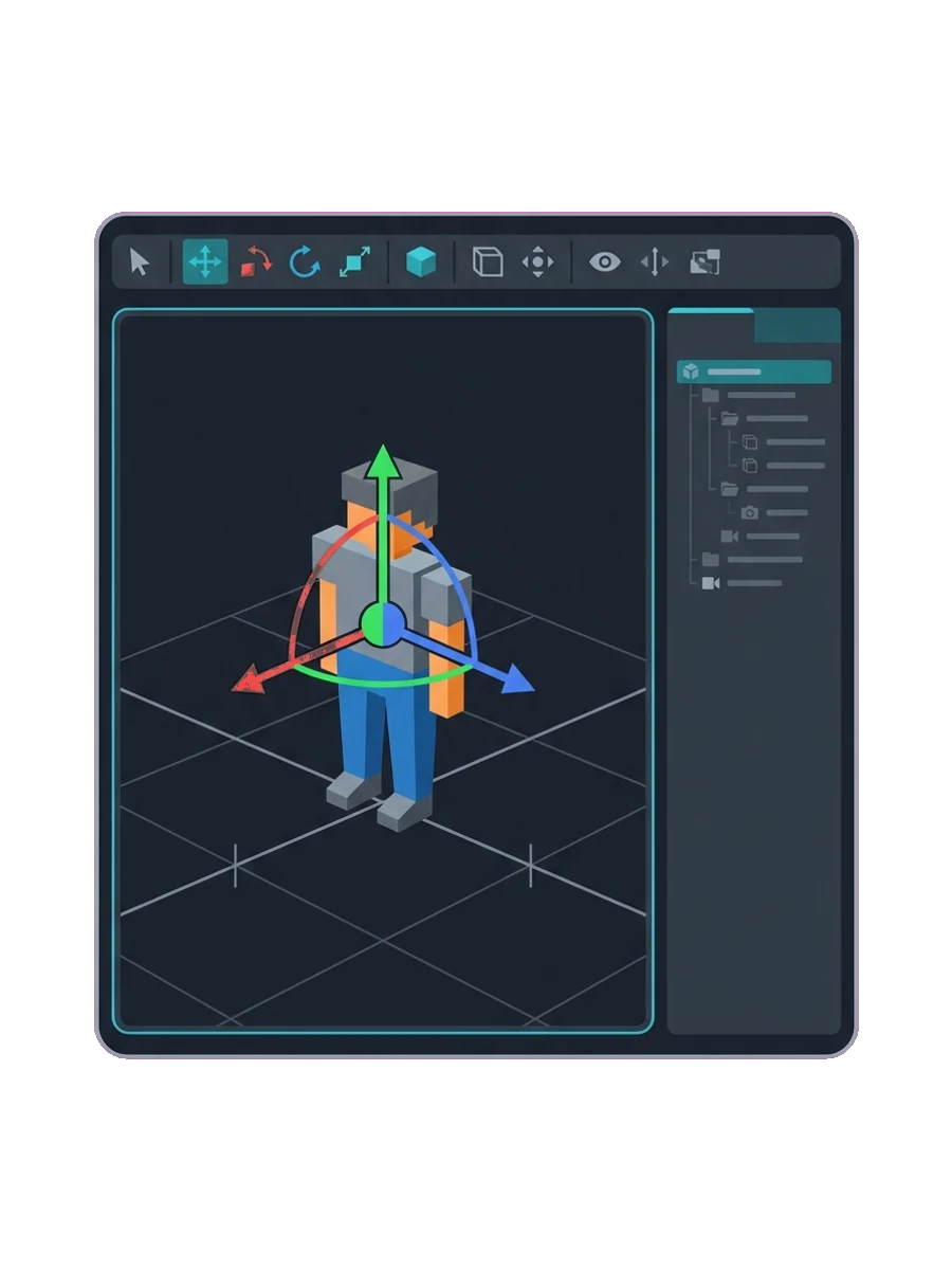 A blocky model with a move gizmo in a 3D editor viewport, ready to export