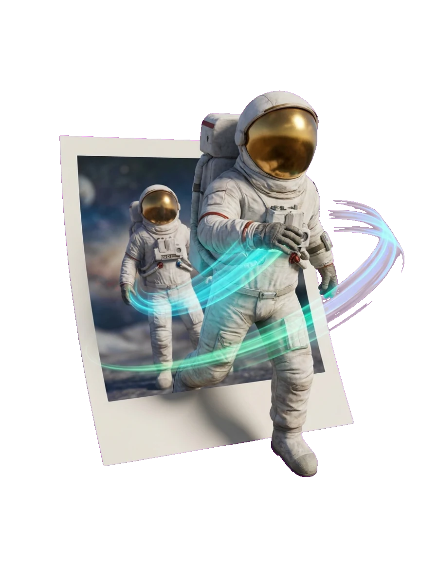 A 3D astronaut stepping out of a still photo into motion