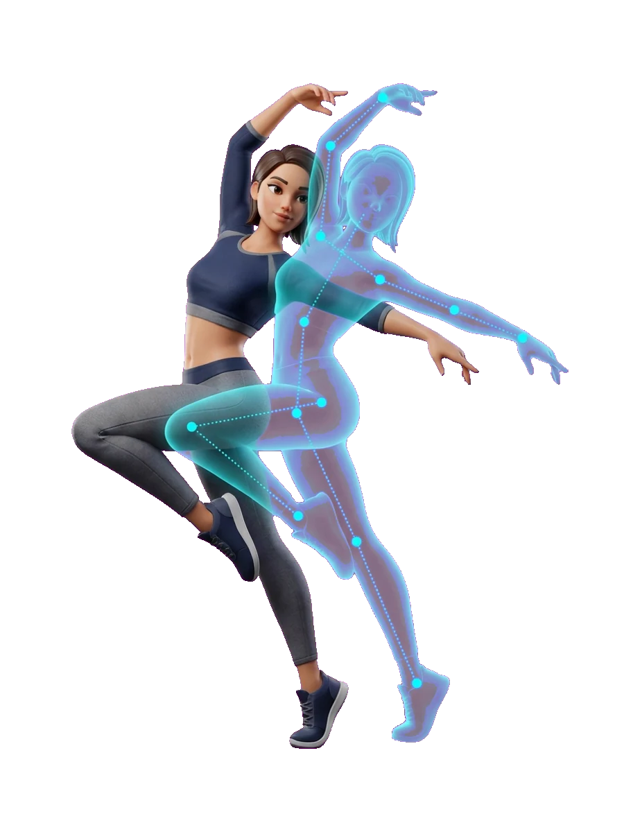 A dancer character copying a pose from a motion reference