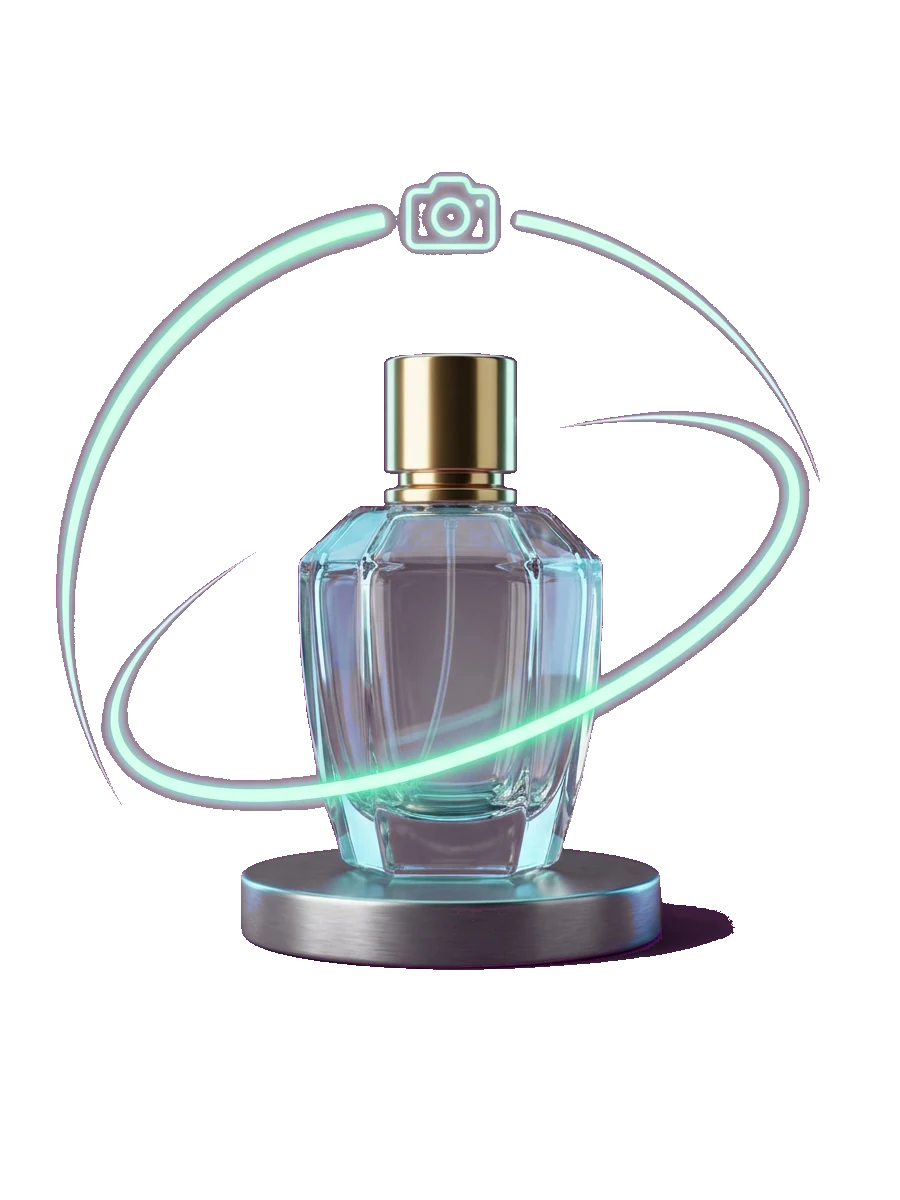 A camera path sweeping around a perfume bottle