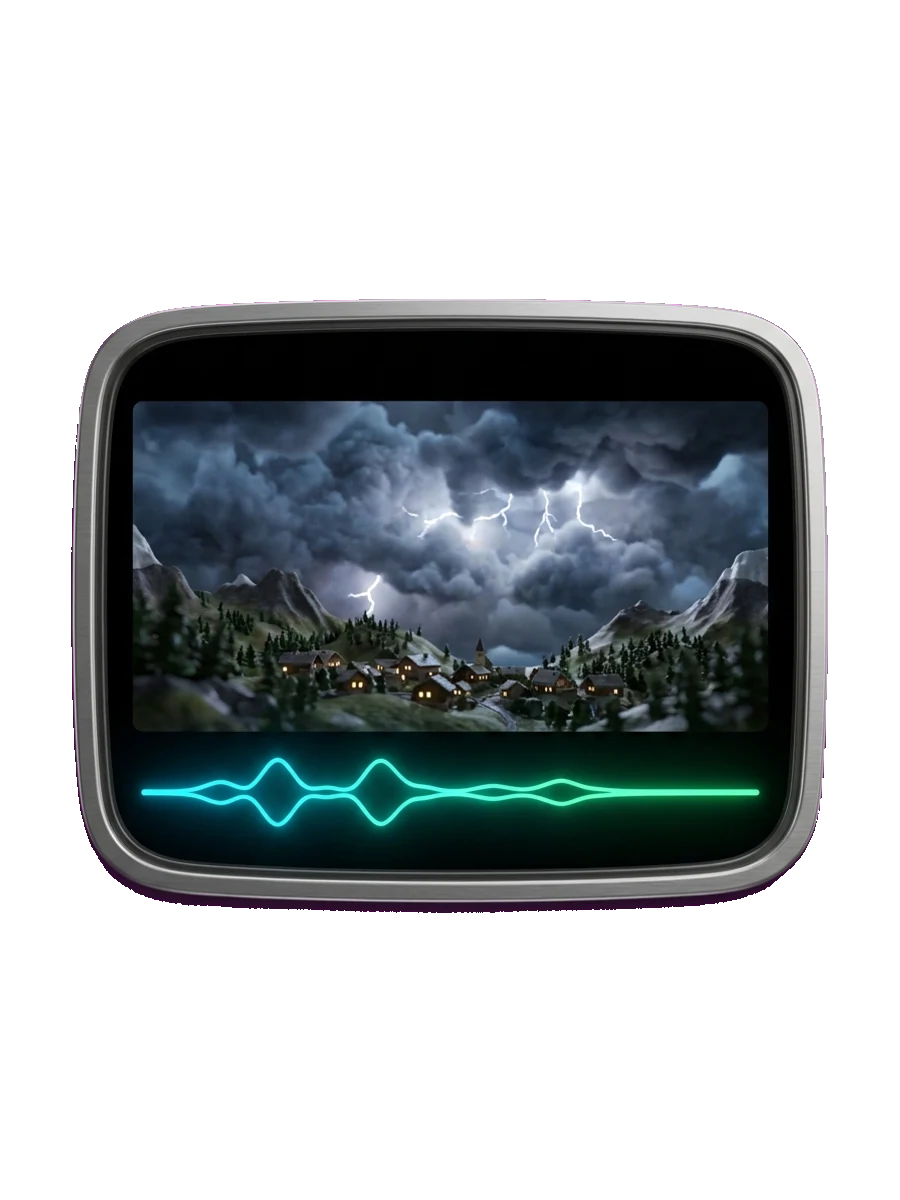 A storm scene video with a waveform along the bottom