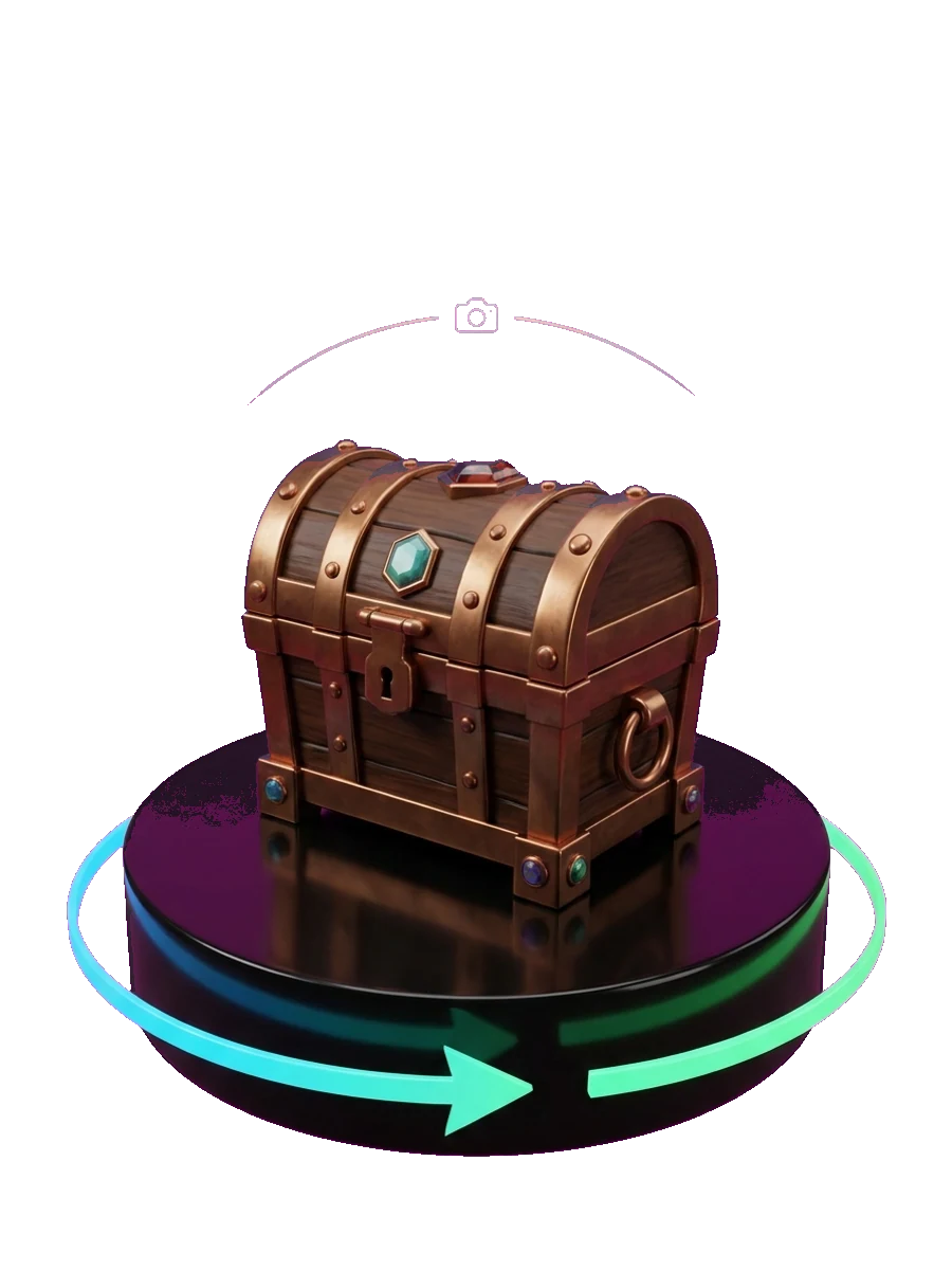 A 3D treasure chest on a turntable with a camera orbit path