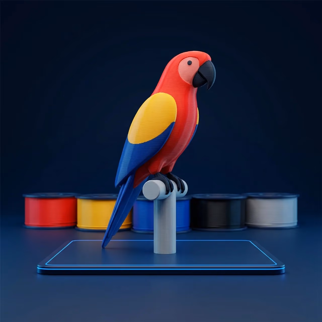 Multicolor 3D printed macaw parrot figurine on a build plate