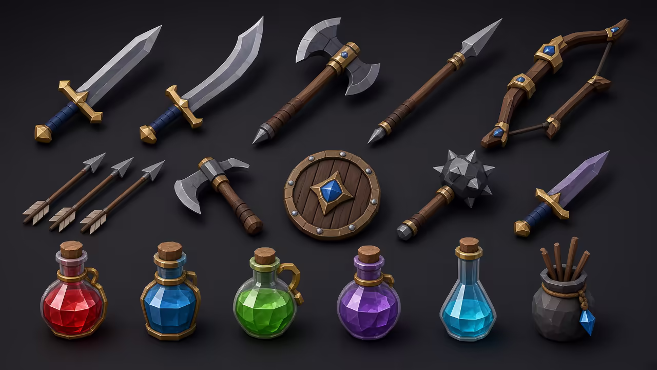 Stilisiertes Game-Asset-Sheet mit Schwertern, Äxten, einem Schild und Trankflaschen, mit KI generiert