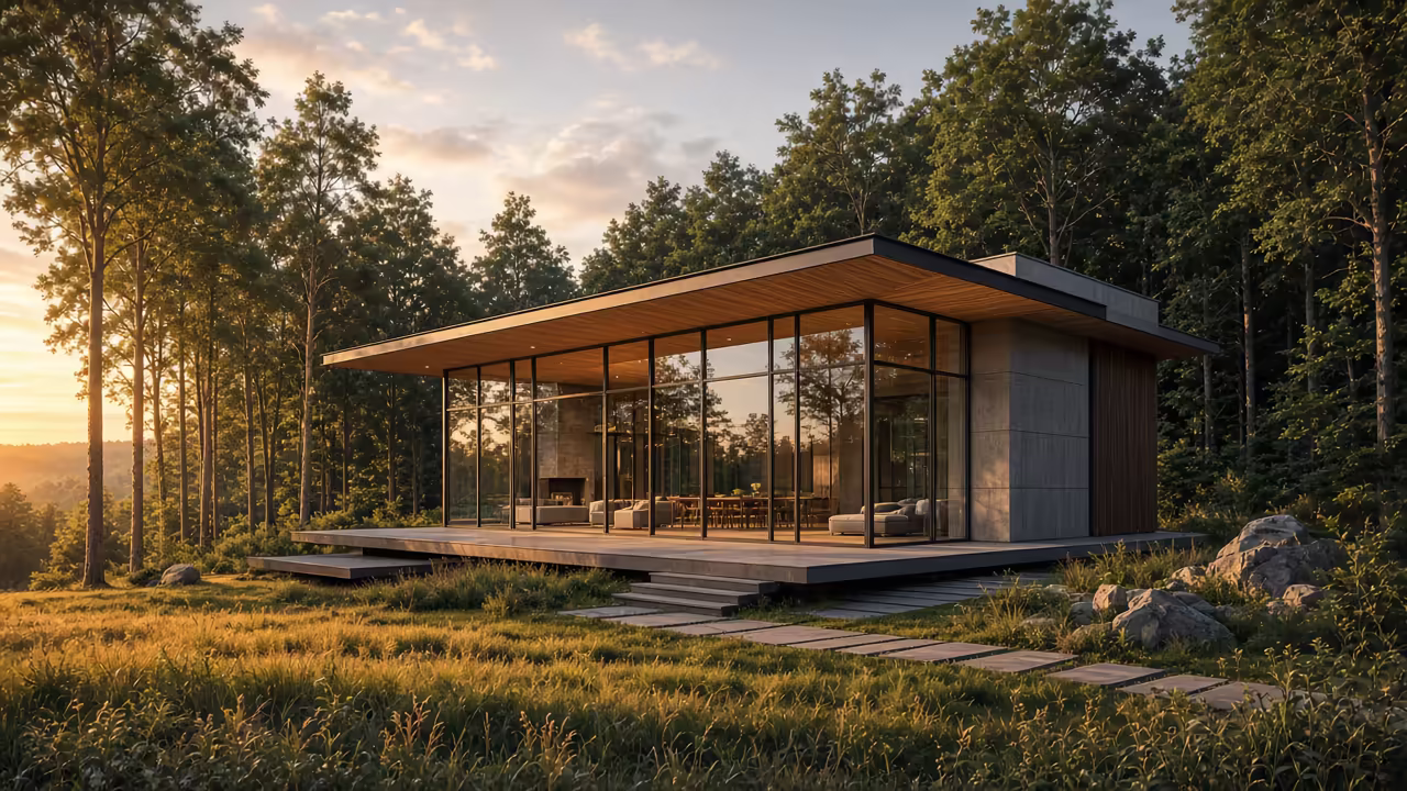 Fotorealistische Architekturvisualisierung eines modernen Glashauses in einem Wald bei Sonnenuntergang