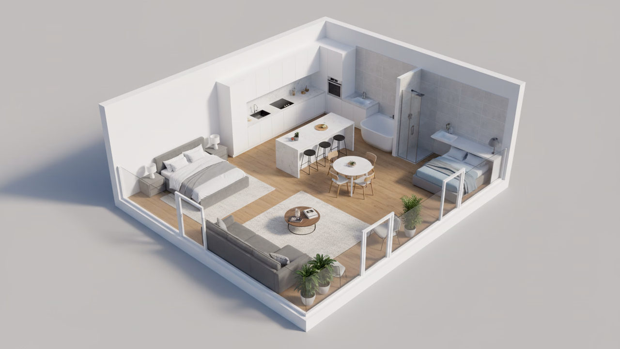 Isometrisches 3D-Grundriss-Rendering einer möblierten modernen Wohnung