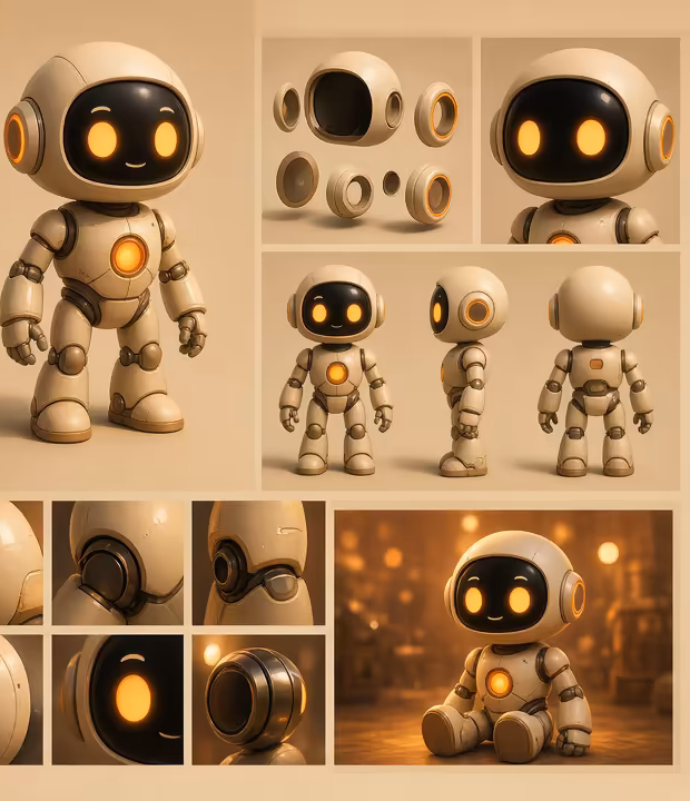Charakter-Referenz-Sheet eines niedlichen Roboters mit Turnaround-Ansichten und Detail-Nahaufnahmen, mit KI generiert