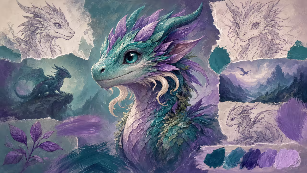 Collage mit Konzeptzeichnungen einer Fantasy-Kreatur und verschiedenen Drachen-Designs