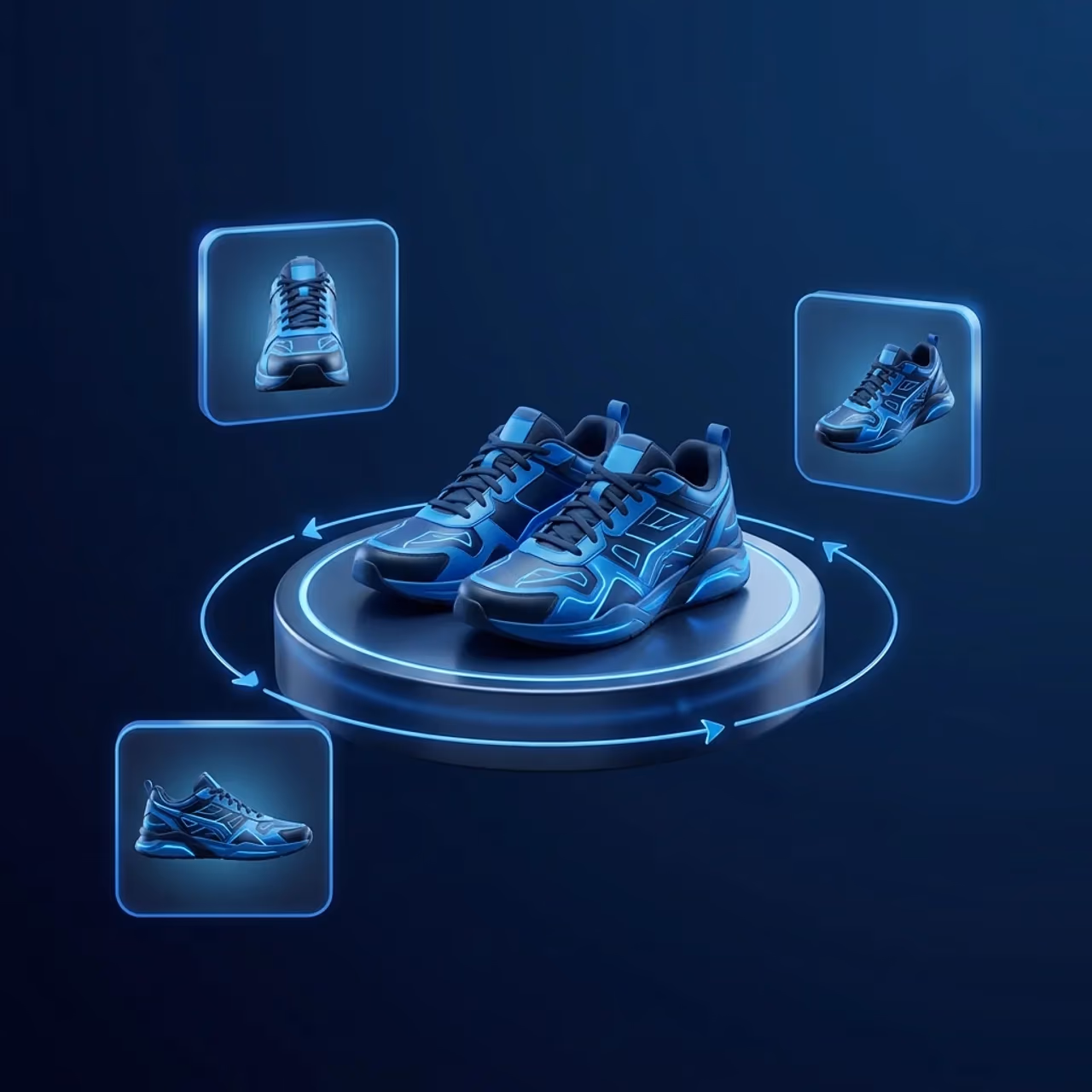 Stylised sneakers on a circular pedestal with an orbit line and a smaller preview tile alongside