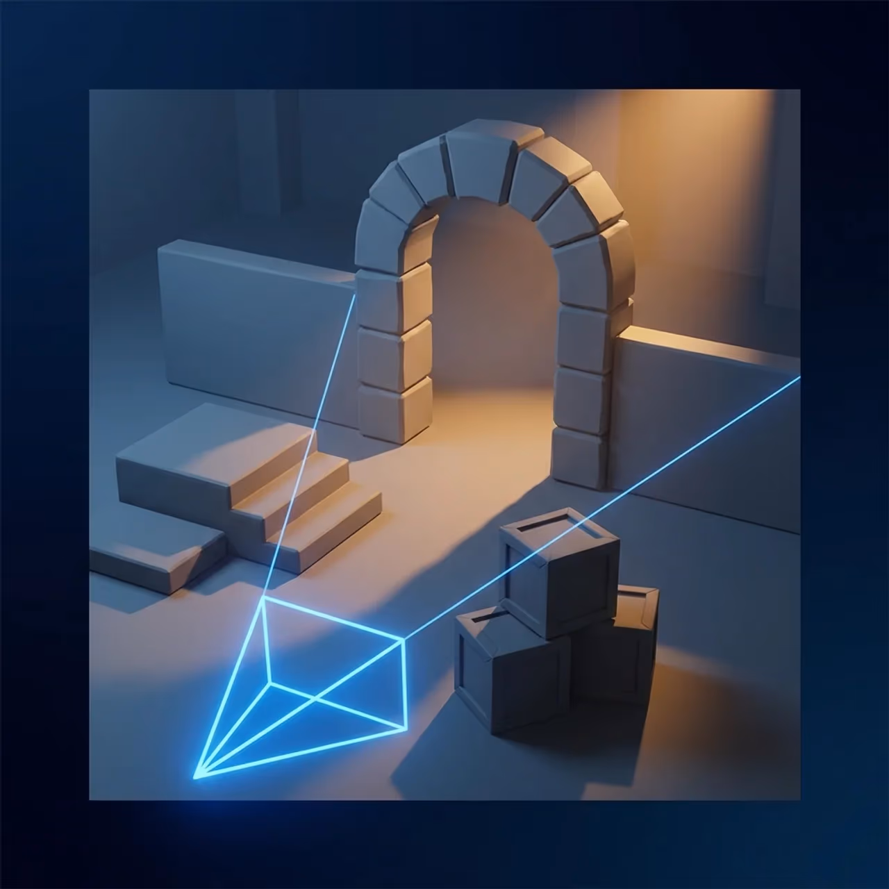 Untextured grey previs set with a stone archway, low walls, stairs and crates, with a glowing camera frustum marking its field of view