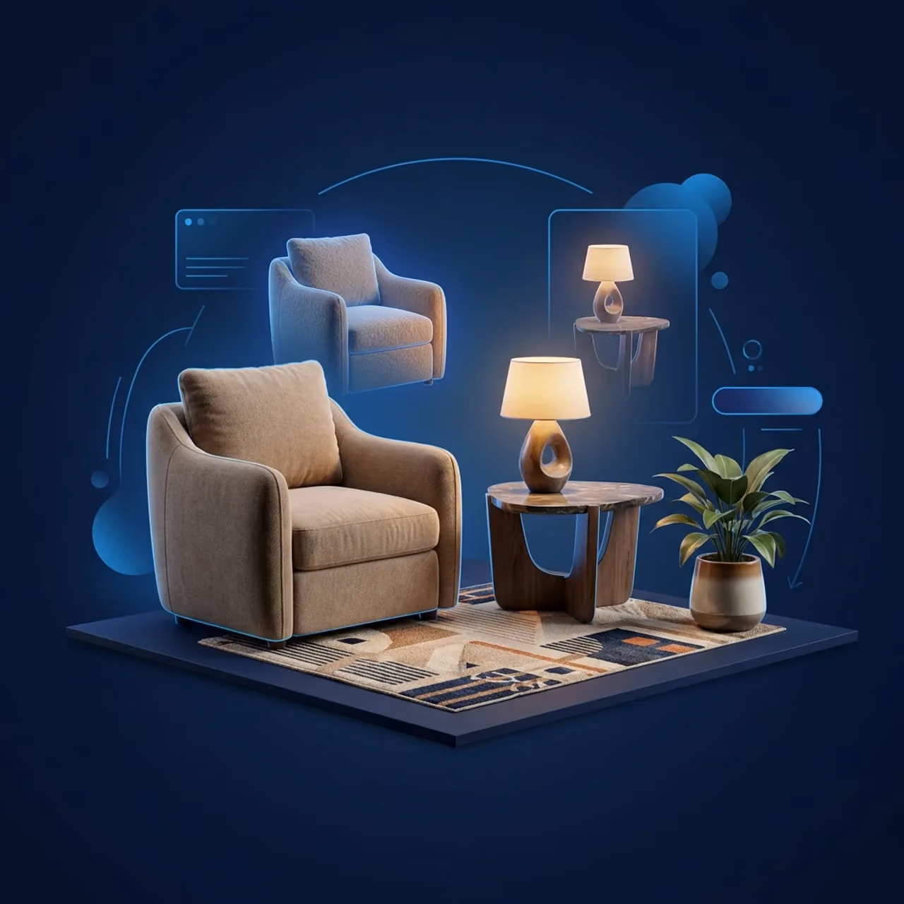 Interior vignette of an armchair, lamp, rug and plant, with ghosted variants of the armchair and lamp floating behind them