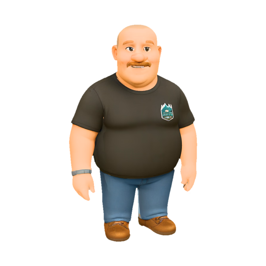 Stylized 3D character of a man with a mustache