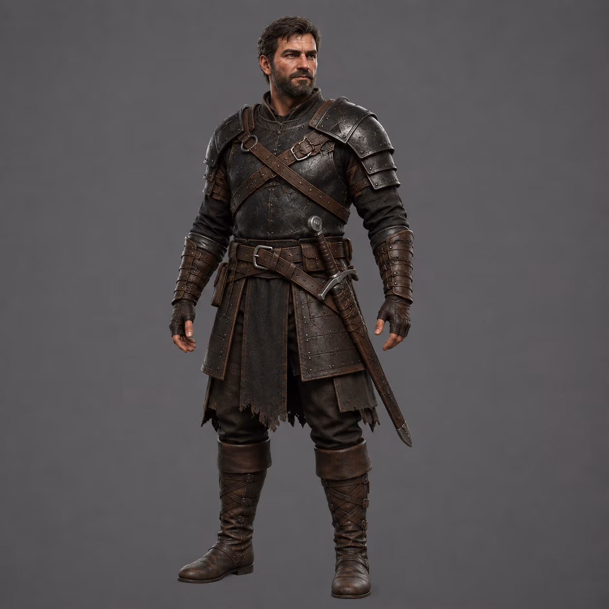 Full-body reference render of an armored character used as spritesheet input