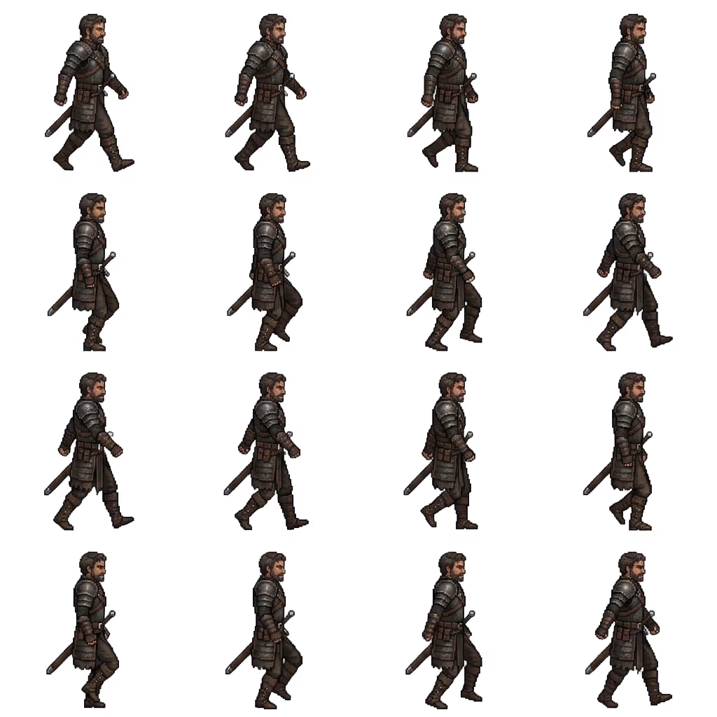 16-frame pixel-art walk cycle sprite sheet of an armored character on a 4-by-4 grid